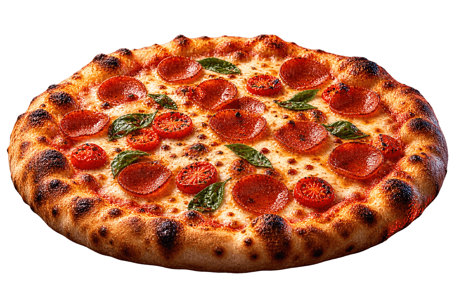 Fire-baked pepperoni pizza with basil and roasted tomatoes